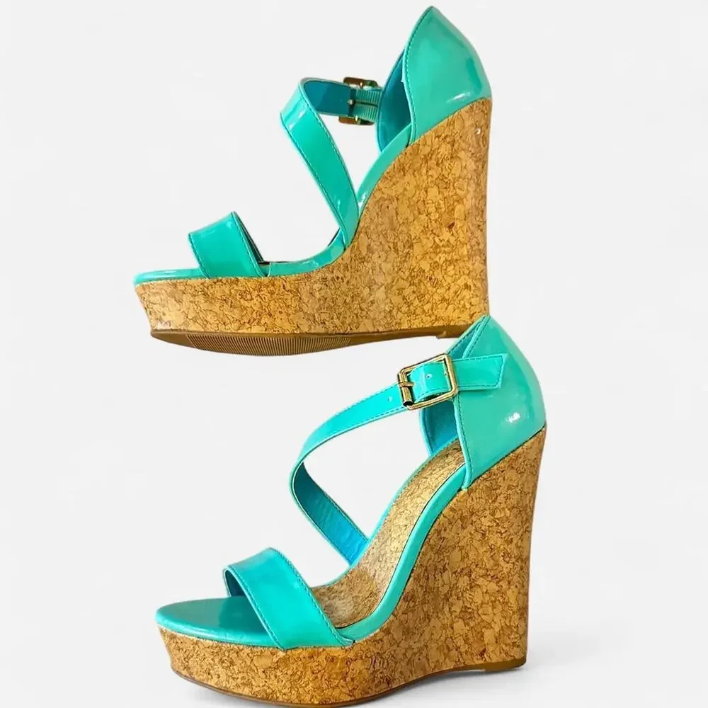 Y2K cork platform wedge sandals women size 5.5 California girl date night
